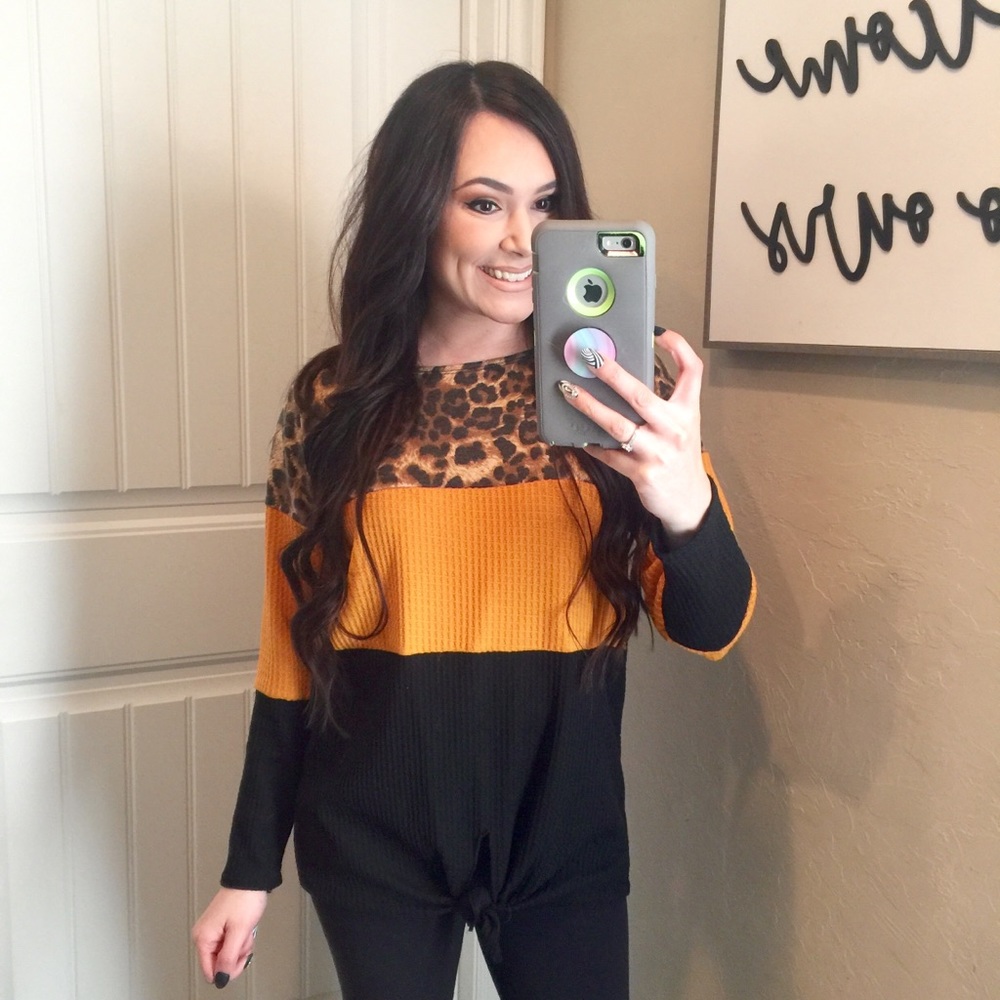 BiBi mustard leopard front tie boutique top S